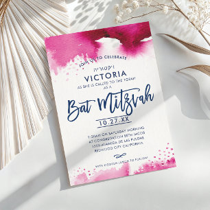 BAT MITZVAH modern lettered dark pink watercolor Invitation