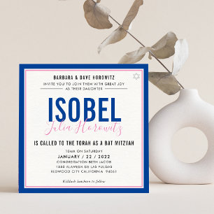 BAT MITZVAH modern minimalist colour pink blue Invitation