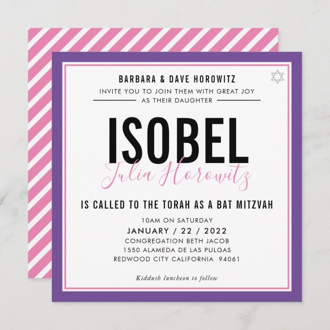 BAT MITZVAH modern minimalist colour pink purple Invitation (Front/Back)