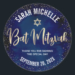 Bat Mitzvah Modern Navy Blue Gold Glitter Script Classic Round Sticker<br><div class="desc">Be proud, rejoice and celebrate this milestone of your favourite Bat Mitzvah whenever you use this sophisticated, personalised sticker! Sparkly gold faux foil handwritten script, a Star of David and tiny confetti glitter dots, with bold, white sans serif typography, overlay a sophisticated, dramatic navy blue watercolor background. Personalise the custom...</div>