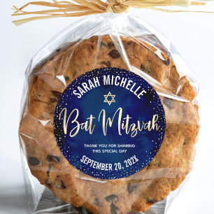 Bat Mitzvah Modern Navy Blue Gold Glitter Script Classic Round Sticker