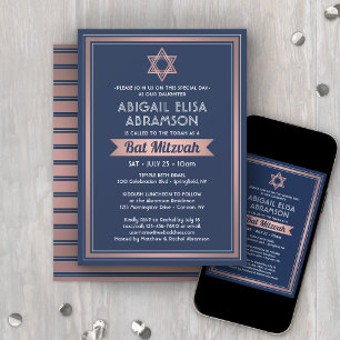 Bat Mitzvah Modern Navy Blue Pink Rose Gold Trendy Invitation