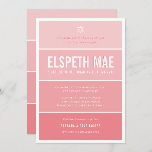 BAT MITZVAH modern ombre gradient cool coral pink Invitation (Front/Back)