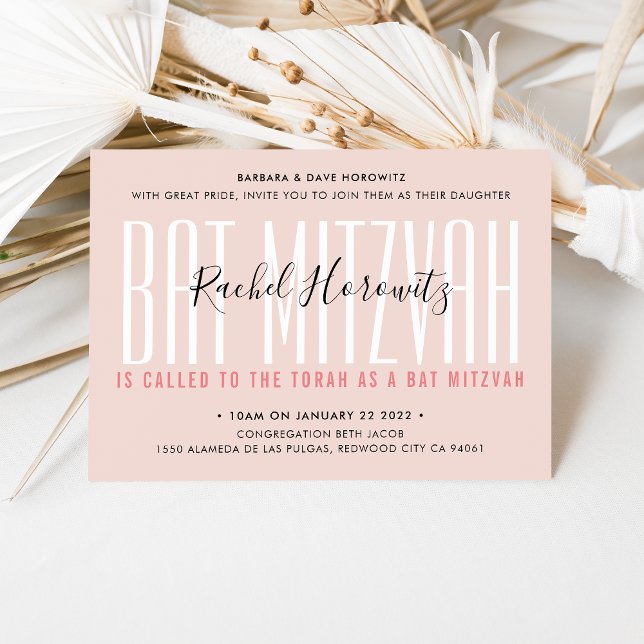 BAT MITZVAH modern overlay typography girl pink Invitation (Creator Uploaded)