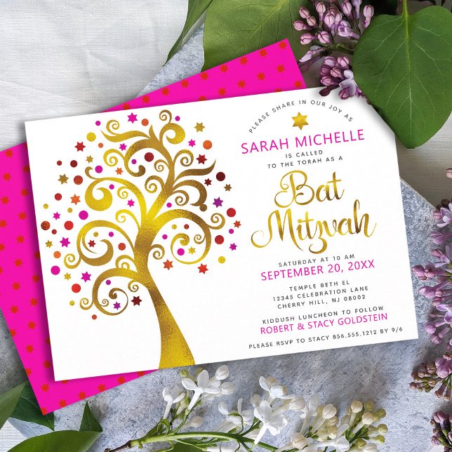 Bat Mitzvah Modern Pink Gold Foil Tree of Life Invitation (Creator Uploaded)