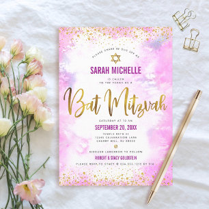 Bat Mitzvah modern pink watercolor gold glitter Invitation