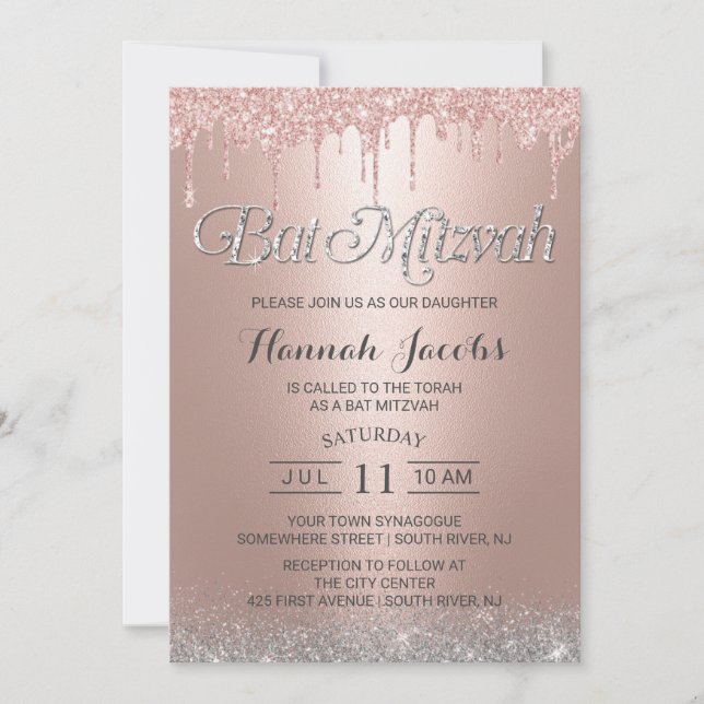 Bat Mitzvah Modern Rose Gold Glitter Drips Invitation (Front)