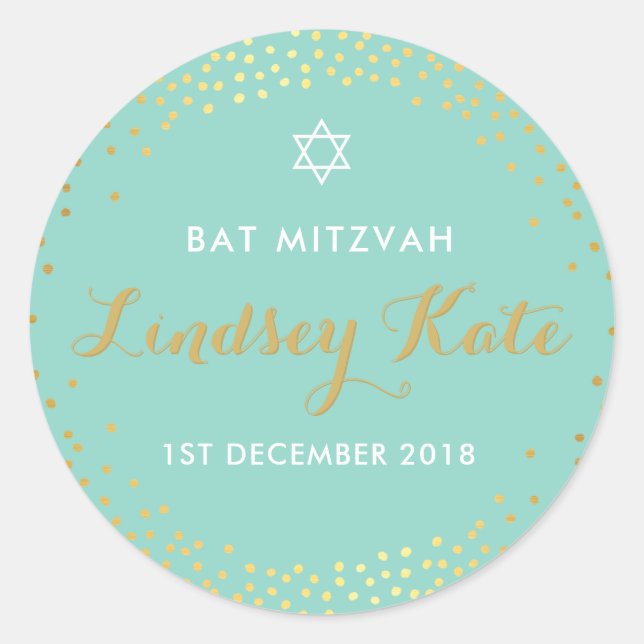 BAT MITZVAH modern rustic gold confetti mint Classic Round Sticker (Front)
