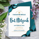 Bat Mitzvah Modern Simple Turquoise Agate Script<br><div class="desc">Be proud, rejoice and showcase this milestone of your favourite Bat Mitzvah! Send out this cool, unique, modern, personalised invitation for an event to remember. Dark teal blue script typography and faux gold Star of David overlay simple, clean white background with turquoise blue agate accented with faux gold veins. Personalise...</div>