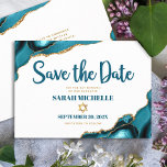 Bat Mitzvah Modern Turquoise Gold Agate Script Save The Date<br><div class="desc">Make sure all your friends and relatives will be able to celebrate your daughter’s milestone Bat Mitzvah! Send out this cool, unique, modern, personalised “Save the Date” announcement card. Dark teal script typography and a faux gold Star of David overlay a simple, clean white background with turquoise blue agate rocks...</div>