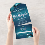 Bat Mitzvah Modern Turquoise Ombre Agate Script All In One Invitation<br><div class="desc">Be proud, rejoice and showcase this milestone of your favourite Bat Mitzvah! Send out this cool, unique, modern, custom all-in-one invitation for an event to remember. White script typography and a faux gold Star of David overlay a deep turquoise teal blue ombre background with turquoise blue agate accented with faux...</div>