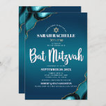 Bat Mitzvah Modern Turquoise Ombre Agate Script Invitation<br><div class="desc">Be proud, rejoice and showcase this milestone of your favourite Bat Mitzvah! Send out this cool, unique, modern, personalised, Hebrew name invitation for an event to remember. White script typography and a faux gold Star of David overlay a deep turquoise teal blue ombre background with turquoise blue agate accented with...</div>