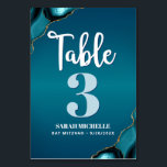Bat Mitzvah Modern Turquoise Ombre Agate Script Table Number<br><div class="desc">No Bat Mitzvah party is complete without personalised table number cards. Let your daughter be proud, rejoice and celebrate her milestone at her perfectly coordinated party. White calligraphy script, light turquoise blue and white typography, and turquoise blue agate rocks accented with faux gold veins overlay a deep turquoise teal blue...</div>