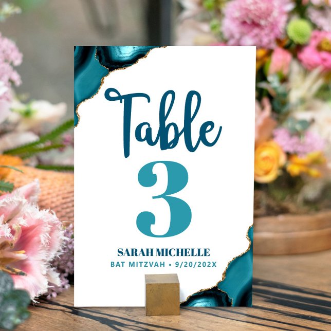 Bat Mitzvah Modern Turquoise Teal Agate Script Table Number (Creator Uploaded)