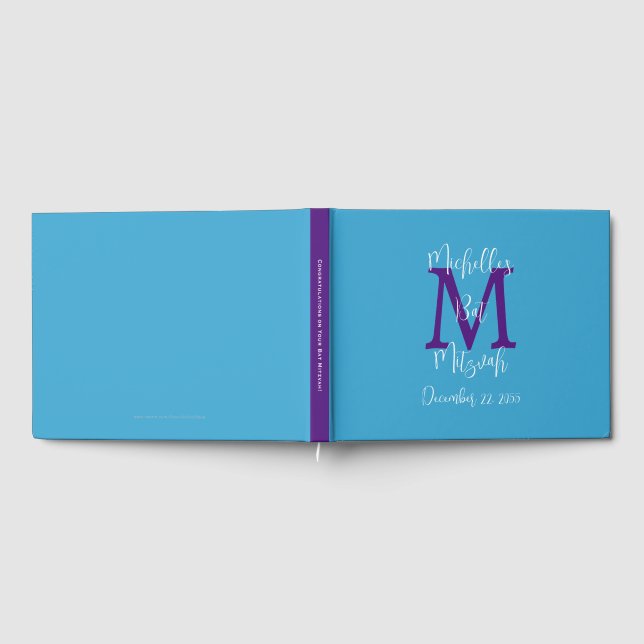 Bat Mitzvah Monogram Sky Blue Purple White Sign-In Guest Book (Full)