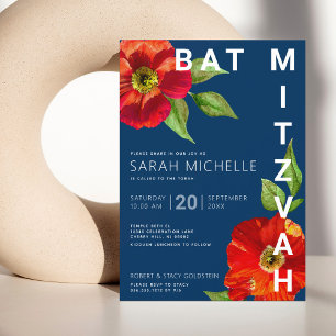 Bat Mitzvah Navy Blue Red Floral Watercolor Modern Invitation