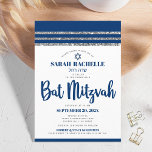 Bat Mitzvah Navy Blue Script Simple Modern Tallit Invitation<br><div class="desc">Be proud, rejoice and showcase this milestone of your favourite Bat Mitzvah! Send out this cool, unique, modern, personalised invitation for an event to remember. Bold, navy blue script typography, Star of David and a navy blue and silver glitter striped tallit inspired graphic overlay a simple, white background. Personalise the...</div>