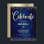 Bat Mitzvah Navy Gold Foil Glitter Script Modern Enclosure Card<br><div class="desc">Be proud, rejoice and showcase this milestone of your favourite Bat Mitzvah! Include this stunning, modern, personalised insert for additional information to your event. Graphic faux gold foil calligraphy script, Star of David, and confetti, overlay a rich, dramatic, navy blue watercolor background. Personalise the custom text with your Bat Mitzvah’s...</div>