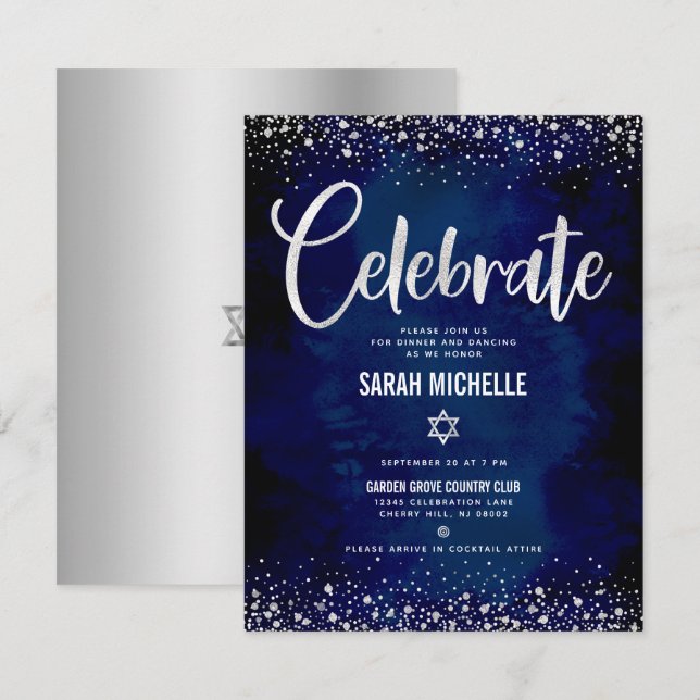 Bat Mitzvah Navy Silver Foil Glitter Script Modern Enclosure Card (Front/Back)