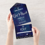 Bat Mitzvah Navy Silver Glitter Script Modern Bold All In One Invitation<br><div class="desc">Be proud, rejoice and showcase this milestone of your favourite Bat Mitzvah! Send out this stunning, modern, custom all-in-one invitation for an event to remember. Sparkly silver faux foil, glitter dots and typography script overlay a rich, dramatic, navy blue watercolor background. This all-in-one product is an unique combination of a...</div>