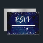 Bat Mitzvah Navy Silver Glitter Script Watercolor RSVP Card<br><div class="desc">Be proud, rejoice and showcase this milestone of your favourite Bat Mitzvah! Include this stunning, modern, personalised RSVP insert card for your event. Graphic faux silver foil calligraphy script and confetti overlay a rich, dramatic, navy blue watercolor background. Personalise the custom text with the “reply by” date. Matching and coordinating...</div>