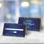 Bat Mitzvah Navy Watercolor Gold Glitter Script Place Card<br><div class="desc">No Bat Mitzvah party is complete without personalised place cards. Let your favourite Bat Mitzvah be proud, rejoice and celebrate her milestone at her perfectly coordinated party. Bold, sans serif typography and sparkly faux gold glitter tiny dots overlay a rich, dramatic, navy blue watercolor background. On the back, white sans...</div>