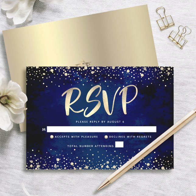 Bat Mitzvah Navy Watercolor Gold Glitter Script RSVP Card (Creator Uploaded)