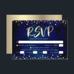 Bat Mitzvah Navy Watercolor Gold Script Entrée RSVP Card<br><div class="desc">Be proud, rejoice and showcase this milestone of your favourite Bat Mitzvah! Include this stunning, modern, personalised RSVP insert card for your event. Graphic faux gold foil calligraphy script and confetti overlay a rich, dramatic, navy blue background. Personalise the custom text with the “reply by” date and entrée choice options....</div>