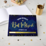 Bat Mitzvah Navy Watercolor Script Real Gold Foil Guest Book<br><div class="desc">Let your favourite Bat Mitzvah be proud, rejoice and celebrate her milestone with this stunning keepsake scrapbook real gold foil guestbook. On the front, stunning, modern, sparkly gold foil handwritten script, Star of David and tiny dots overlay a dramatic navy blue watercolor background. The customisable spine is real gold foil....</div>