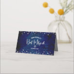 Bat Mitzvah Navy Watercolor Silver Glitter Script Place Card<br><div class="desc">No Bat Mitzvah party is complete without personalised place cards. Let your favourite Bat Mitzvah be proud, rejoice and celebrate her milestone at her perfectly coordinated party. Bold, sans serif typography and sparkly faux silver glitter tiny dots overlay a rich, dramatic, navy blue watercolor background. On the back, white sans...</div>