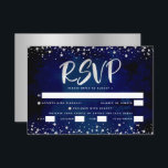 Bat Mitzvah Navy Watercolor Silver Script Entrée RSVP Card<br><div class="desc">Be proud, rejoice and showcase this milestone of your favourite Bat Mitzvah! Include this stunning, modern, personalised RSVP insert card for your event. Graphic faux silver foil calligraphy script and confetti overlay a rich, dramatic, navy blue background. Personalise the custom text with the “reply by” date and entrée choice options....</div>