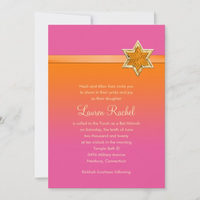 Bat Mitzvah Orange Ombre Ribbon and Star Invitation (Front)