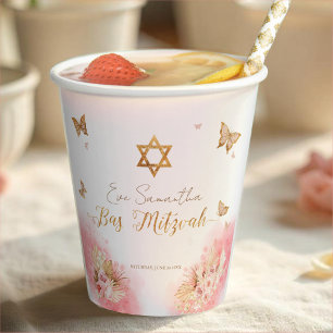 Bat Mitzvah Paper Cups Pink Blush Butterflies