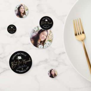 Bat Mitzvah Photo Black Gold Script Elegant Floral Confetti