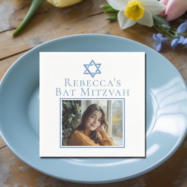 Bat Mitzvah Photo Blue Star of David Party Napkin (Creator Uploaded)