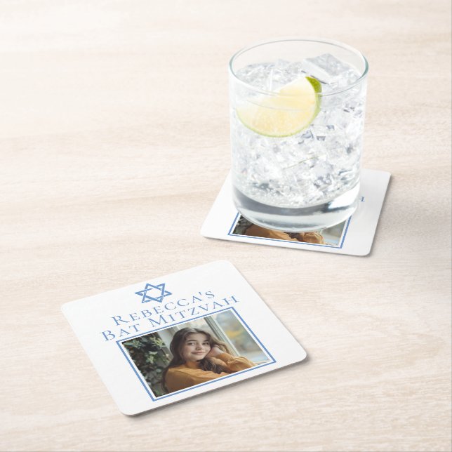 Bat Mitzvah Photo Blue Star of David Party Square Paper Coaster (Insitu)