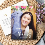 Bat Mitzvah Photo Floral Script Custom Thank You Postcard<br><div class="desc">Make sure your favourite Bat Mitzvah shows her appreciation to all who supported her milestone event! Send out this sophisticated, personalised thank you postcard! A chic, stunning, pink and peach floral watercolor with white script typography and modern sans serif type overlay the photo of your choice. A gold Star of...</div>