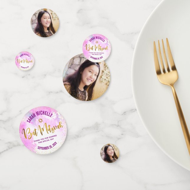 Bat Mitzvah Photo Gold Foil Script Pink Watercolor Confetti (Group)