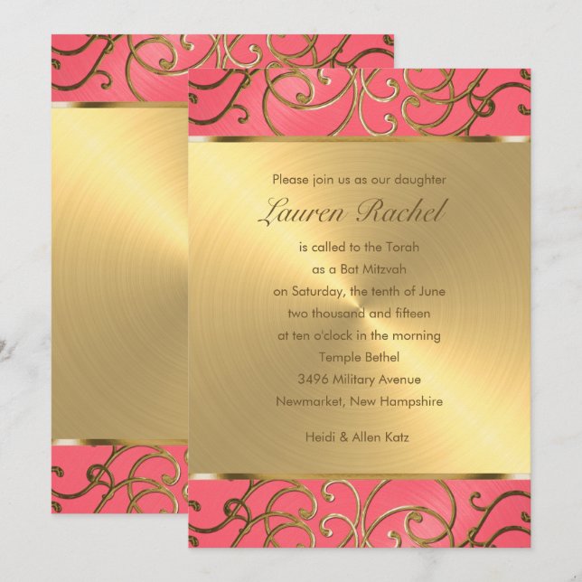 Bat Mitzvah Pink and Gold Filigree Swirls Invitation (Front/Back)