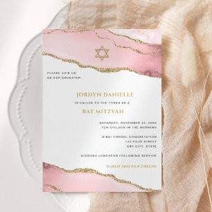 Bat Mitzvah, Pink and Gold Glitter Agate Modern Invitation
