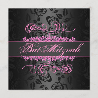 Bat Mitzvah Pink/Black Rose Swirl Birthday Invite