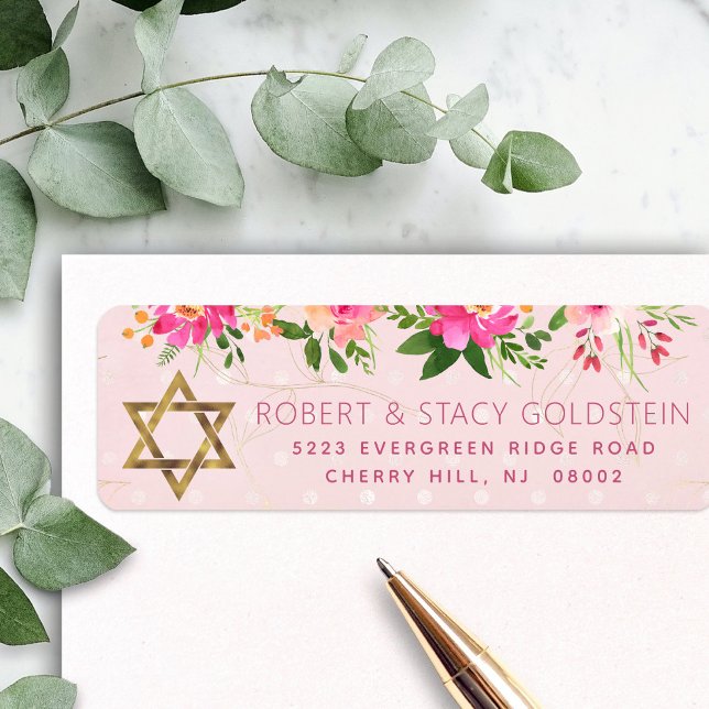 Bat Mitzvah Pink Floral Girly Gold Return Address (Creator Uploaded)