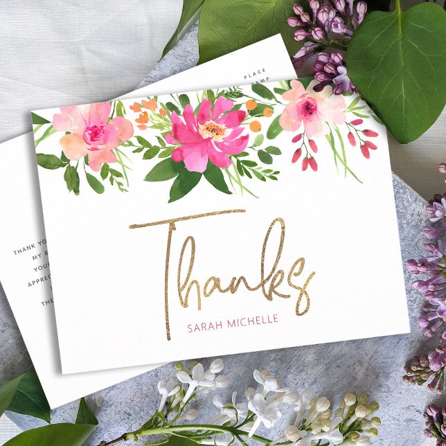 Bat Mitzvah Pink Floral Gold Script Thank You Postcard (Creator Uploaded)
