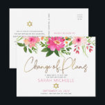 Bat Mitzvah Pink Floral Watercolor Gold Script Invitation Postcard<br><div class="desc">Make sure all your friends and relatives will still be able to celebrate your daughter’s milestone Bat Mitzvah, regardless of current global unforeseen circumstances. Send out this chic, personalised “Change of Plans” announcement postcard. A stunning, pink and peach floral watercolor with faux gold foil script typography and modern dusty rose...</div>