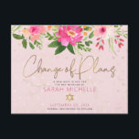 Bat Mitzvah Pink Floral Watercolor Modern Script Invitation Postcard<br><div class="desc">Make sure all your friends and relatives will still be able to celebrate your daughter’s milestone Bat Mitzvah, regardless of current global unforeseen circumstances. Send out this chic, personalised “Change of Plans” announcement postcard. A stunning, pink and peach floral watercolor with faux gold foil script typography and modern dusty rose...</div>
