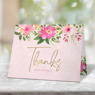 Bat Mitzvah Pink Floral Watercolor Modern Script Thank You Card