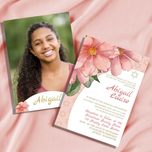 Bat Mitzvah Pink Gold Elegant Floral Photo  Invitation (Creator Uploaded)