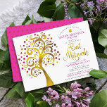 Bat Mitzvah Pink Gold Foil Script Tree of Life<br><div class="desc">Be proud, rejoice and showcase this milestone of your favourite Bat Mitzvah! This graphic faux gold foil tree with sparkly pink, orange, and red Star of David and dot “leaves” on a white background is the perfect invitation for this special occasion. A tiny, dark red Star of David pattern overlaying...</div>
