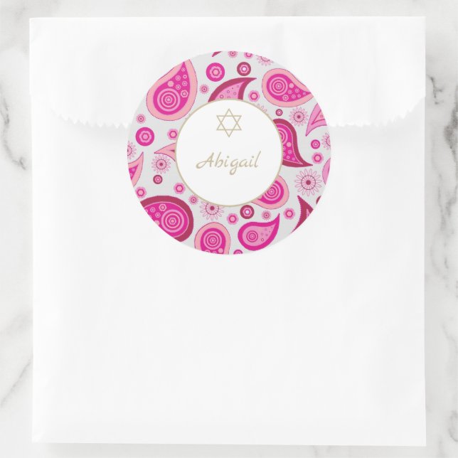 Bat Mitzvah Pink Gold Pattern Modern  Classic Round Sticker (Bag)