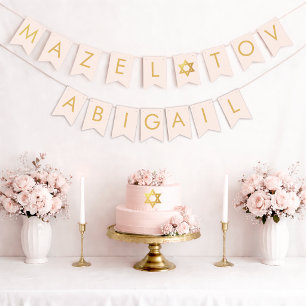 Bat Mitzvah Pink Gold Star Mazel Tov 7 Letter Name Bunting